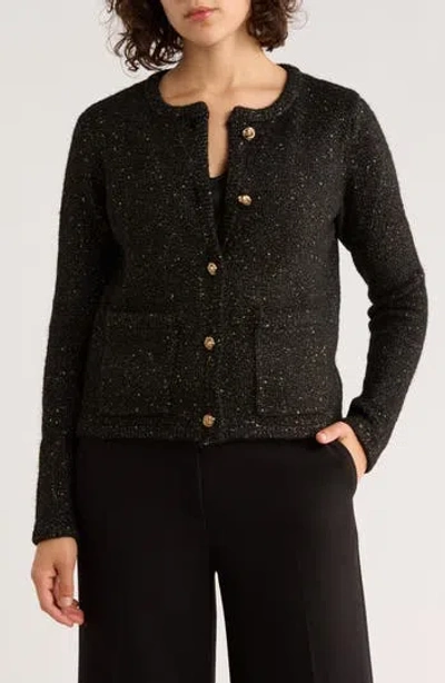 T Tahari Crewneck Metallic Cardigan In Black