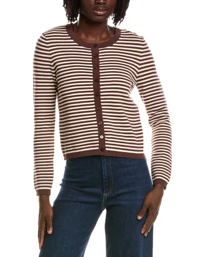 T Tahari Crewneck Striped Cropped Cardigan In Brown