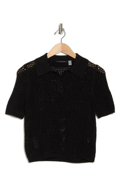 T Tahari Crochet Polo Sweater In Black