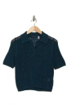 T Tahari Crochet Polo Sweater In Dark Teal