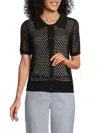 T Tahari Crochet Top Womens Black Open Front Collared Button Front Fts24 In Black
