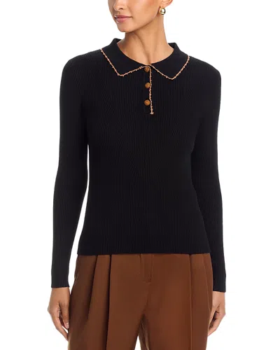 T Tahari Crochet Trim Polo Sweater In Black