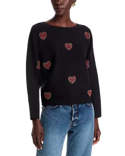 T Tahari Crystal Embellished Hearts Crewneck Sweater In Black
