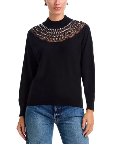 T Tahari Crystal Embellished Yoke Mock Neck Sweater In Black