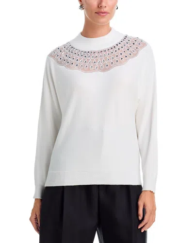 T Tahari Crystal Embellished Yoke Mock Neck Sweater In White