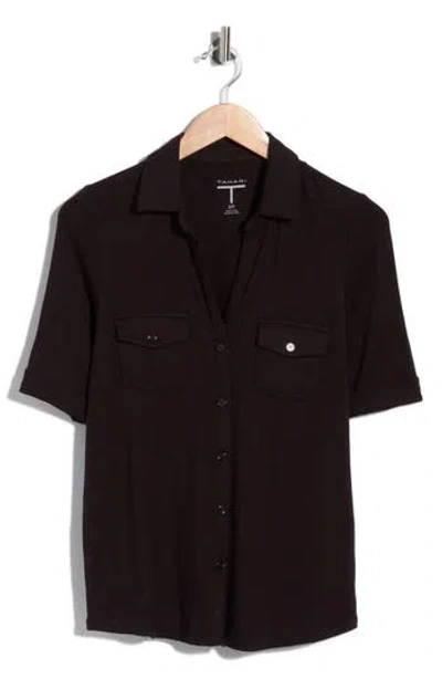 T Tahari Cuffed Sleeve Button-up Top In Black
