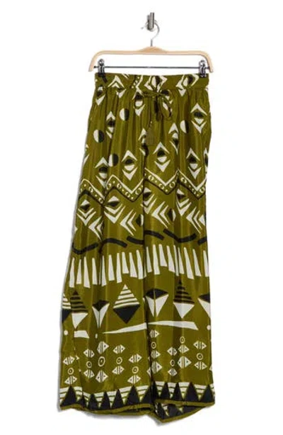 T Tahari Drawstring Waist Wide Leg Pants In Green Print