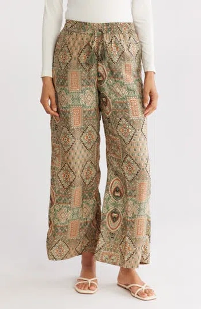 T Tahari Drawstring Waist Wide Leg Pants In Sage/brown Patchwork
