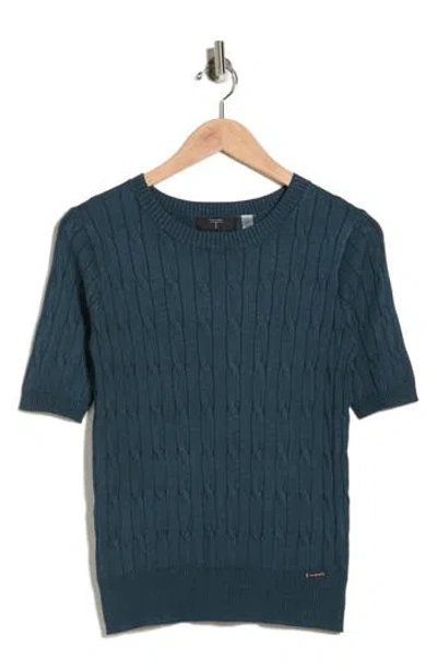 T Tahari Elbow Sleeve Cable Knit Sweater In Blue