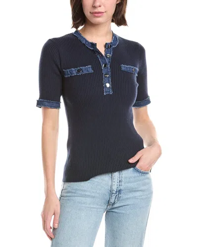 T Tahari Elbow Sleeve Denim Placket Top In Blue