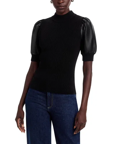 T Tahari Elbow Sleeve Mock Neck Ribbed Pullover Sweater With Faux Leather Sleeves In Black