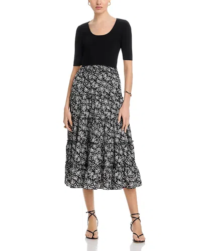 T Tahari Elbow Sleeve Scoop Neck Ribbed Dress In Black With Ditsy Floral
