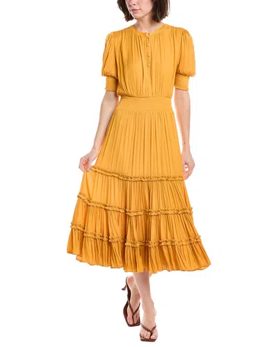 T Tahari Elbow Sleeve Split Neck Tiered Midi Dress In Orange