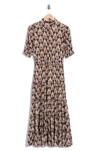 T Tahari Elbow Sleeve Tiered Maxi Shirtdress In Brown
