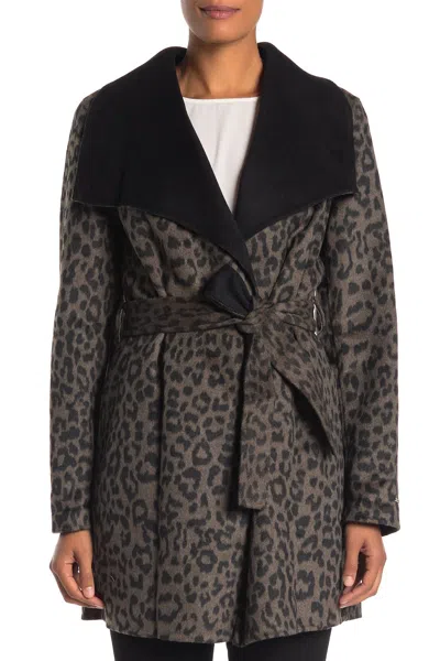 T Tahari Ella Leopard Double Faced Wool Wrap Belted Coat In Grey