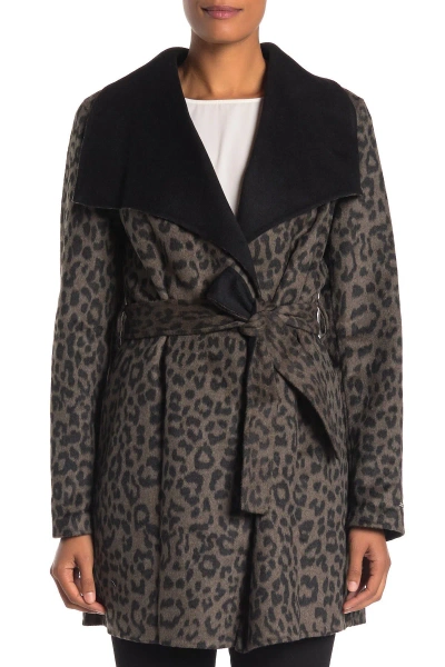 T Tahari Ella Leopard Double Faced Wool Wrap Belted Coat In Multi