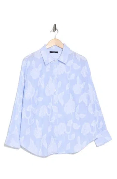 T Tahari Embossed Floral Button-up Shirt In Blue/white Stripe Floral Jacq