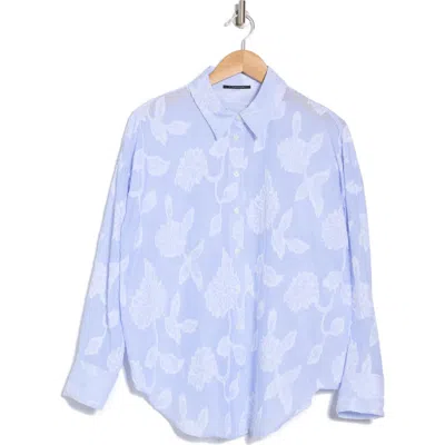 T Tahari Embossed Floral Stripe Button-up Shirt In Blue/white Stripe