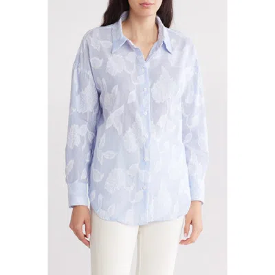T Tahari Embossed Floral Stripe Button-up Shirt In Blue