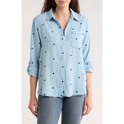 T Tahari Embroidered Chambray Button-up Shirt In Blue