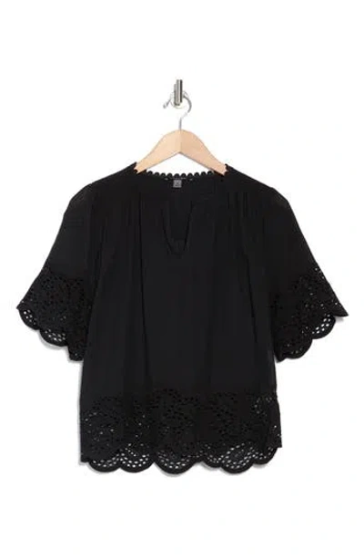 T Tahari Embroidered Cotton Top In Black