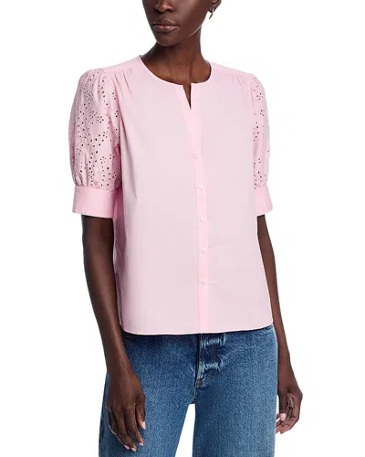 T Tahari Embroidered Eyelet Button Down Blouse In Pink