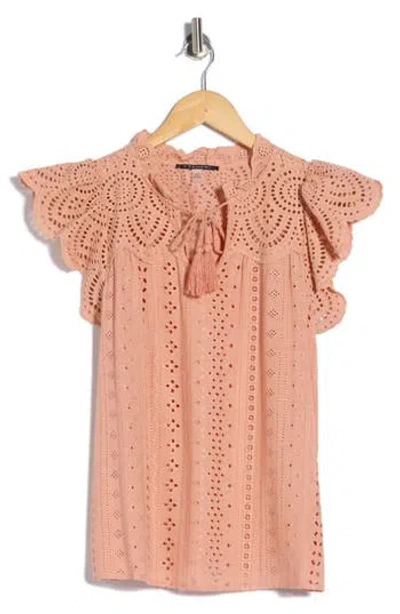 T Tahari Embroidered Eyelet Cap Sleeve Top In Pink