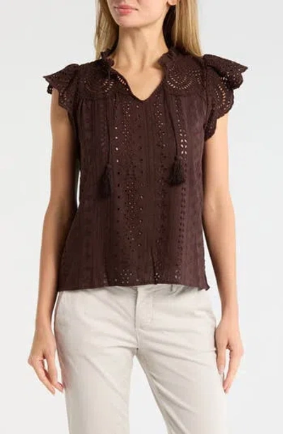 T Tahari Embroidered Eyelet Cap Sleeve Top In Brown
