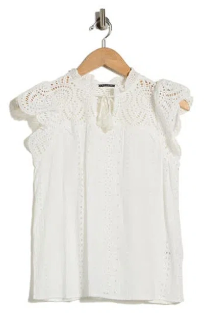 T Tahari Embroidered Eyelet Cap Sleeve Top In White