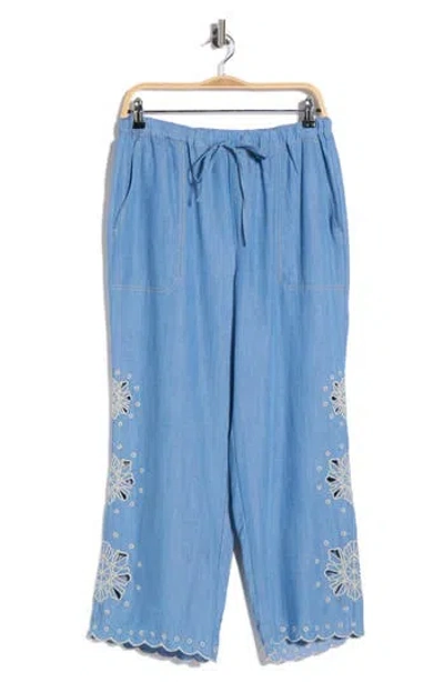 T Tahari Embroidered Eyelet Chambray Pants In Blue