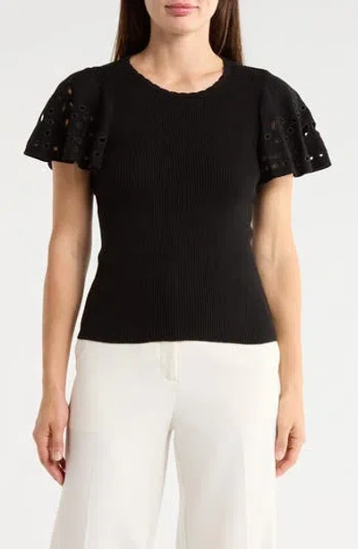 T Tahari Embroidered Eyelet Short Sleeve Sweater In Black
