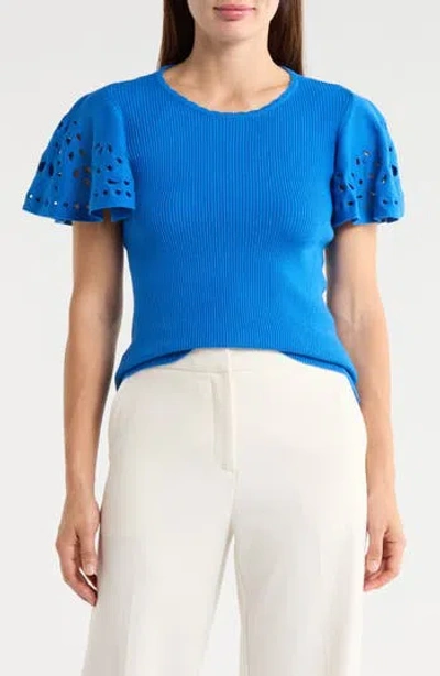 T Tahari Embroidered Eyelet Short Sleeve Sweater In Blue
