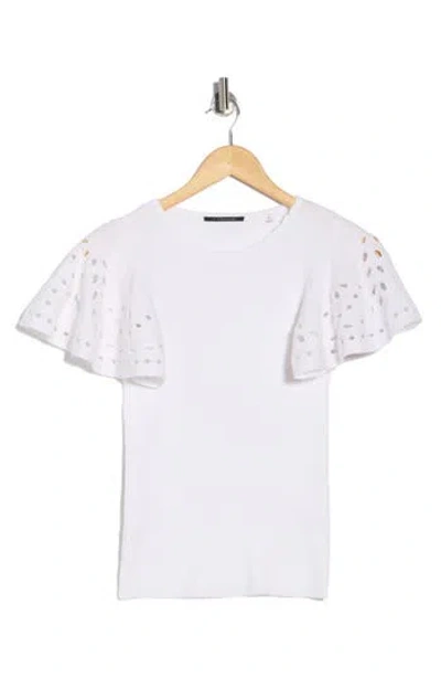 T Tahari Embroidered Eyelet Short Sleeve Sweater In White