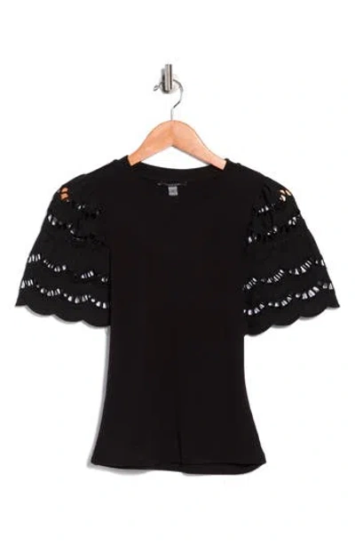 T Tahari Embroidered Eyelet Sleeve Ribbed Top In Black