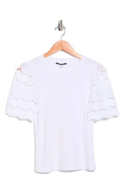 T Tahari Embroidered Eyelet Sleeve Ribbed Top In White