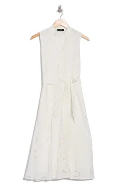 T Tahari Embroidered Eyelet Sleeveless Cotton Midi Dress In White