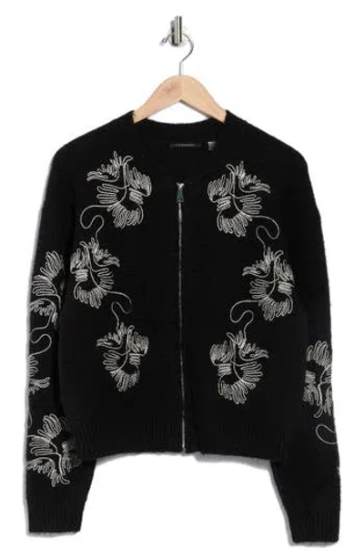 T Tahari Embroidered Full Zip Cardigan In Black