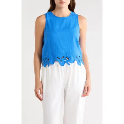 T Tahari Embroidered Hem Crop Linen Blend Tank In Blue