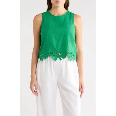 T Tahari Embroidered Hem Crop Linen Blend Tank In Green