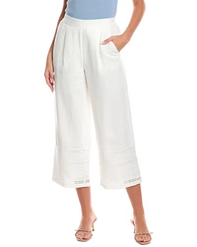 T Tahari Embroidered Linen-blend Pant In White