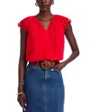T Tahari Embroidered Puff Sleeve Split Neck Blouse In Apple Red