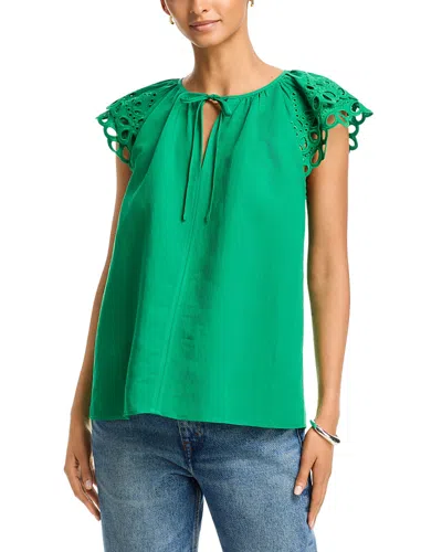 T Tahari Embroidered Puff Sleeve Split Neck Blouse In Green