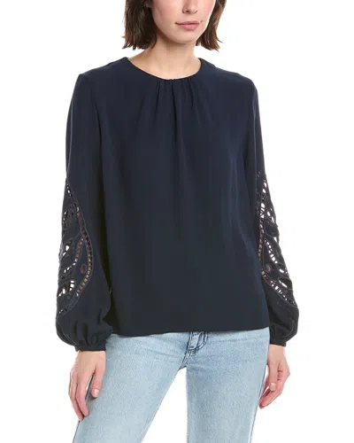 T Tahari Embroidered Sleeve Blouse In Blue