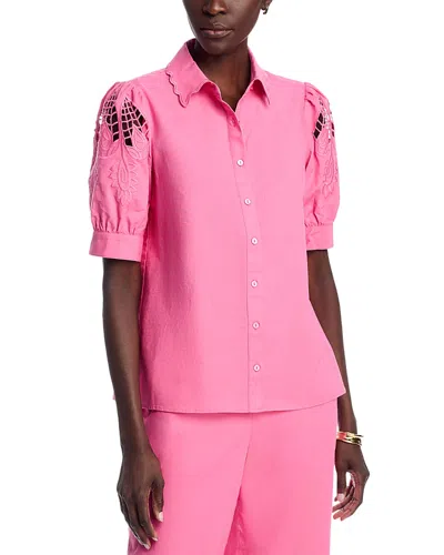 T Tahari Embroidered Sleeve Button Down Blouse In Pink