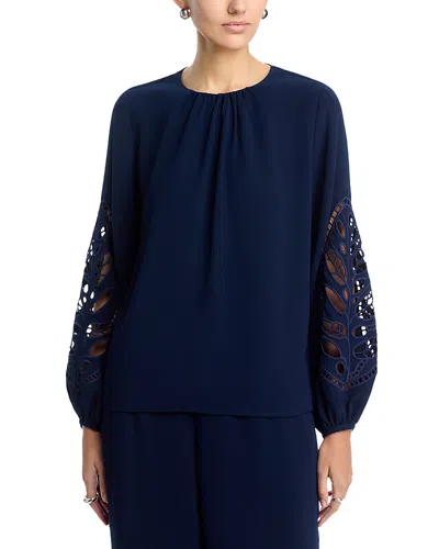 T Tahari Embroidered Sleeve Crewneck Blouse In Blue