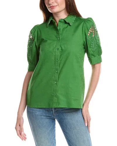 T Tahari Embroidered Sleeve Linen-blend Blouse In Green