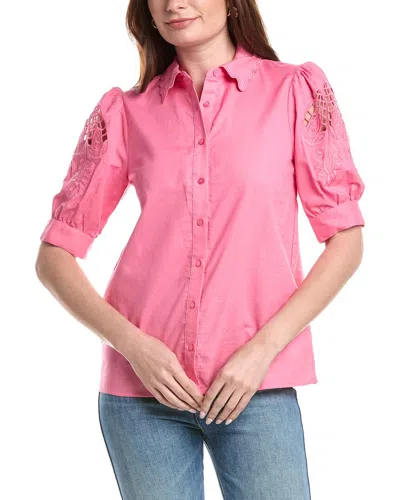 T Tahari Embroidered Sleeve Linen-blend Blouse In Pink