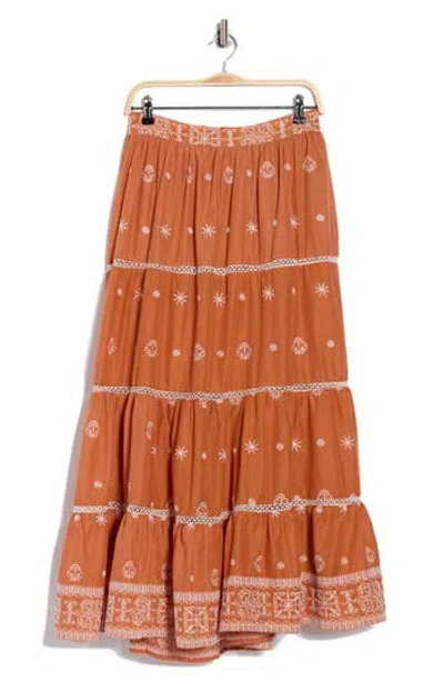 T Tahari Embroidered Tiered Cotton Skirt In Brown