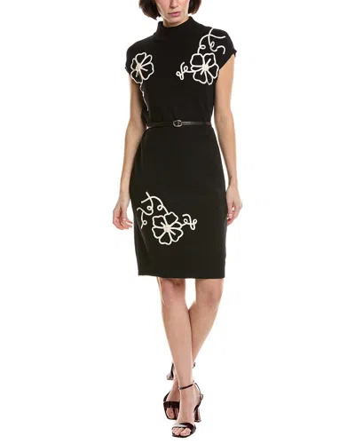 T Tahari Embroidery Jersey Shift Dress In Black