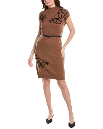 T Tahari Embroidery Jersey Shift Dress In Brown